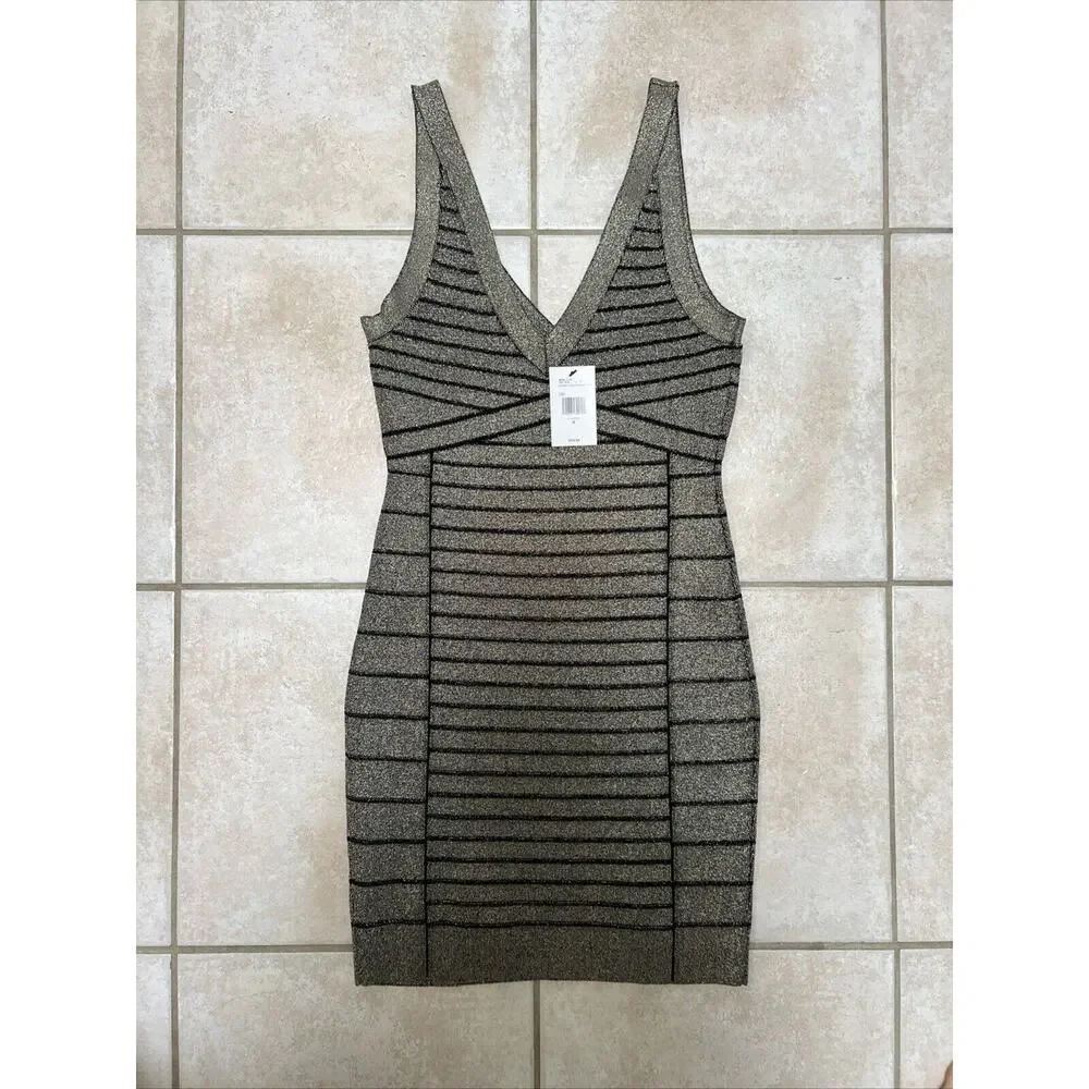 Guess Arianna Lurex Bandage Dress Medium Jet Black/Gold - Picture 3 of 8